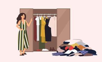 Smiling long-haired girl standing in front of opened closet with apparel hanging inside and pile of clothes on floor. Concept of minimalist capsule wardrobe. Cartoon illustration in flat style vector