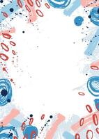 Creative vertical backdrop decorated with pink and blue paint stains, round spots and brush strokes on white background. Hand painted frame or border. Artistic illustration in modern style vector