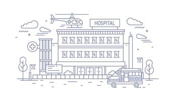 Hospital, clinic or medical center building with helicopter landing on top of it and ambulance drawn with contour lines on white background. Monochrome illustration in modern lineart style vector