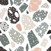 Modern terrazzo texture. Seamless pattern with colored stone fractions or pieces scattered on white background. Creative illustration for fabric print, wrapping paper, wallpaper, flooring. vector