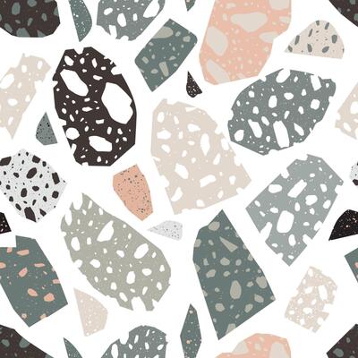 Modern terrazzo texture. Seamless pattern with colored stone fractions or pieces scattered on white background. Creative illustration for fabric print, wrapping paper, wallpaper, flooring.