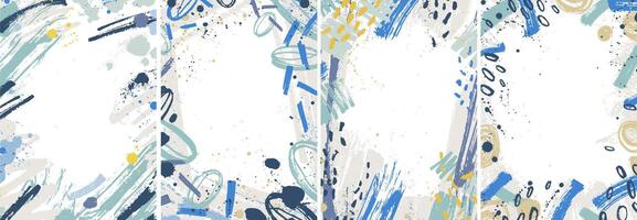 Bundle of vertical backgrounds with abstract colorful paint traces, stains, blots. Collection of card templates decorated with brush strokes. Set of artistic frames. Modern illustration. vector