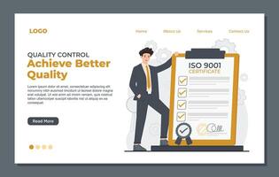 Iso certification Landing page template for quality control and ISO 9001 certification Quality Assurance Checklist. Flat style modern illustration. vector