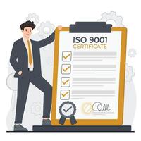 ISO certification illustration illustration of a man in a business suit holding a clipboard with a checklist. vector