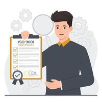 Iso certification illustration Illustration of a man holding a clipboard with a checklist. Flat design illustration. vector