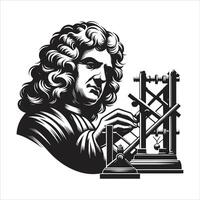 A black and white image of a man with curly hair and a clock vector