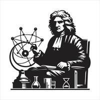 The scientist is sitting at a table with a globe and a microscope vector