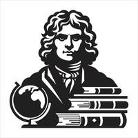 A black and white illustration of a man with books and a globe vector