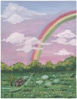 a painting of a rainbow over a field with a house in the distance vector