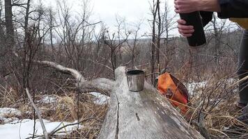 In a tranquil winter forest, a hiker finds solace on a log, sipping warm drink from a thermos amidst sparse trees in a snowcovered landscape, enjoying relaxation and reflection video