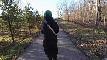 A person strolls along a beautiful path, surrounded by vibrant trees and a clear blue sky, enjoying the breathtaking beauty of early spring and feeling refreshed in nature video