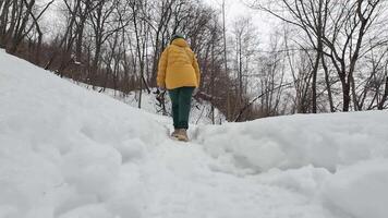 Footsteps on snowcovered path, showcasing rugged footwear and green pants, highlighting winter hiking adventure in a tranquil, snowy landscape video