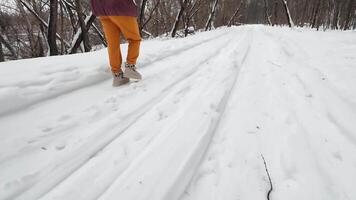 Footprints are marked in fresh snow along a winter path, surrounded by trees. The vibrant orange trousers contrast with the white snow, creating a serene scene for enjoyment video