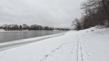 A serene scene unfolds with a snowcovered riverbank and frozen river, flanked by quiet trees under a soft, overcast sky, creating a peaceful winter atmosphere for reflection video
