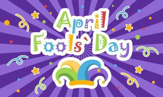 April Fool's day gorizontal festive banner template. Funny design with Jester's hat and slogan on striped background. illustration vector