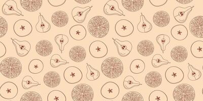 Citrus, food pattern. Orange, apple, pear, lemon. Fruit slices. Hand drawn line icons. Repeating doodle background. vector