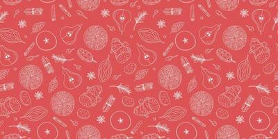 Pattern, repeating background, ingredients for wine drink, mulled wine. Line icon spices, fruits. vector