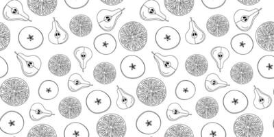 Fruit slices pattern. Orange, apple, pear, lemon. Citrus, food. Hand drawn line icons. Doodle repeating background. vector