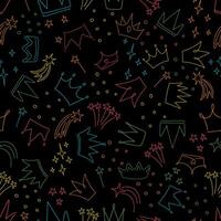 A seamless pattern featuring colorful hand-drawn crowns, shooting stars, fireworks, , and playful shapes on a black background. Vibrant and modern design for stationery, party decor, backgrounds vector