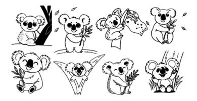 Doodle koala set. Hand drawn smiling koalas with eucalyptus for Australian day. vector