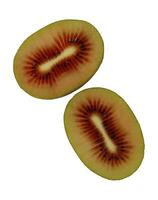 Red kiwi sliced in half, showcasing vibrant colors and unique patterns photo