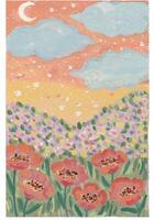 a painting of poppies in the field with a moon and clouds watercolor vector