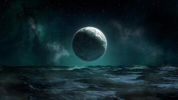 A Mysterious Planet Gracefully Overlooking a Vast and Enigmatic Cosmic Ocean Below it photo