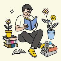 A man is sitting on the floor reading a book vector