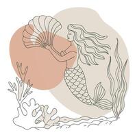 Mermaid with a fan and a shell on the beach vector