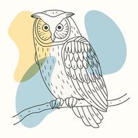 An owl is sitting on a branch with a blue and yellow background vector