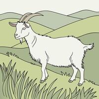 A goat standing in the grass with hills in the background vector