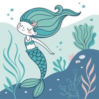 A cartoon mermaid with long hair and a green tail vector