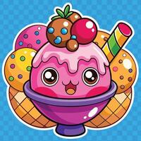 An ice cream sundae with a pink face and a rainbow vector
