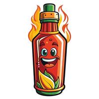 Hot sauce bottle with a smiling face and flames vector