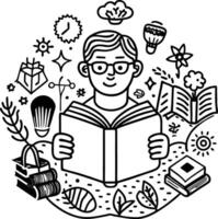 A man reading a book with a lot of icons around him vector
