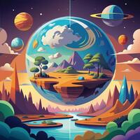 An illustration of a planet with trees and mountains vector