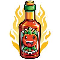 Hot sauce bottle with a smiling face and flames vector