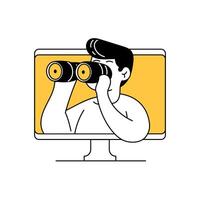 Discovery and looking forward with binoculars. Cartoon People observe internet and forecasting mission. Identification, surveillance technology vector