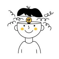 Think outside the box, light bulb in a head. Success leader and concept creativity brainstorming. Outline illustration on white vector