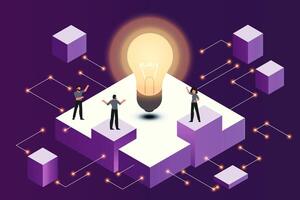 isometric illustration people team working with cube and create database. Virtual communication and connection datacenter vector