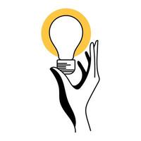 Light bulb idea with hand. Creativity knowledge and discovery innovation big idea. Thin line illustration on white background. vector