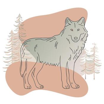 A wolf standing in the forest with trees in the background vector