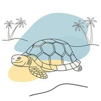 A turtle is walking on the beach with palm trees vector