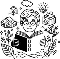A man reading a book with plants and trees around him vector