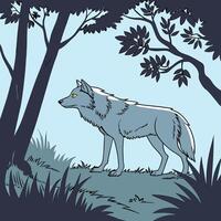 A wolf standing in the woods with trees and grass vector