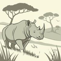 An illustration of a rhino in the savannah vector
