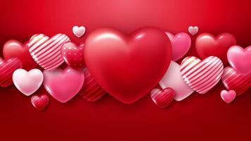 Red background on the theme of Valentine's Day. Abstract composition of 3D hearts in the center of the display. Big heart for text. 3d hearts template in the air. Looping love mockup. 4k video