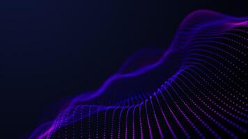 Abstract purple digital waves on dark blue background with soft purple light rays. Digital sea particle waves background. Violet glowing waves seamlessly flowing surrounded light beams. 4k 60 fps video