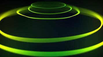 Green neon curved spiral line rotates in a circle. Futuristic laser fresh yellow glowing motion design. Blurred luminescent, laser. Abstract background. Glowing lines. 3d animation. 4k video