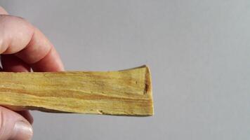 Hand holding and rotating wooden stick for texture observation in high definition quality. video